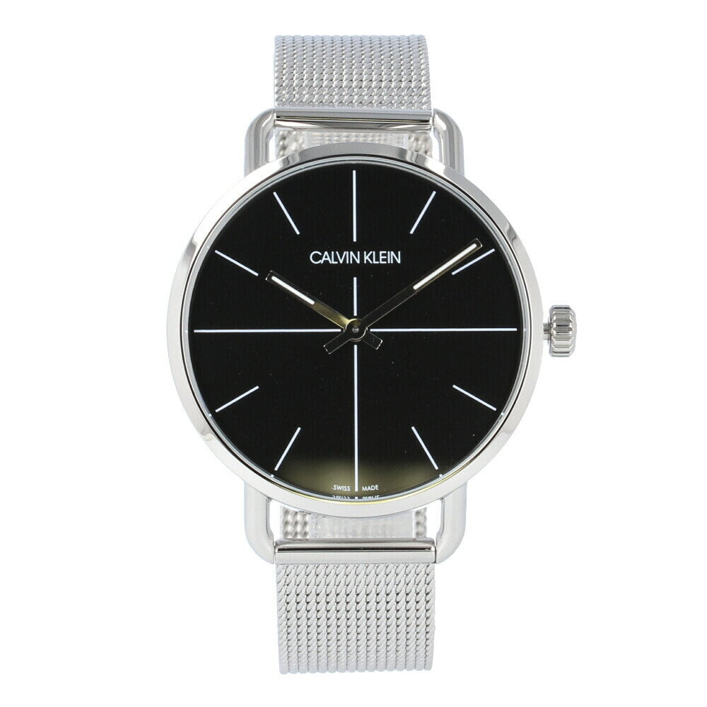 Calvin Klein Even watch front view showing black dial with hour markers and Calvin Klein branding