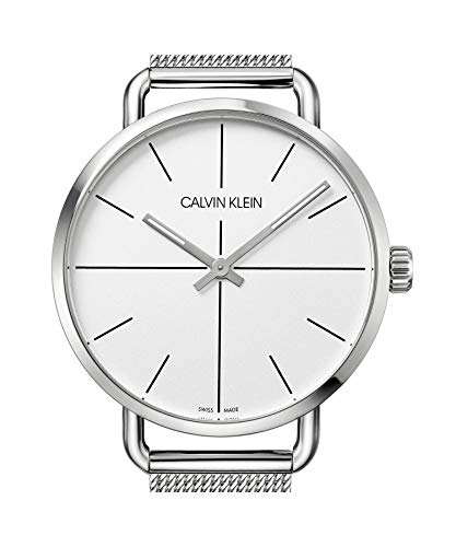 Front view of Calvin Klein Even quartz watch with minimalist silver dial and silver mesh strap