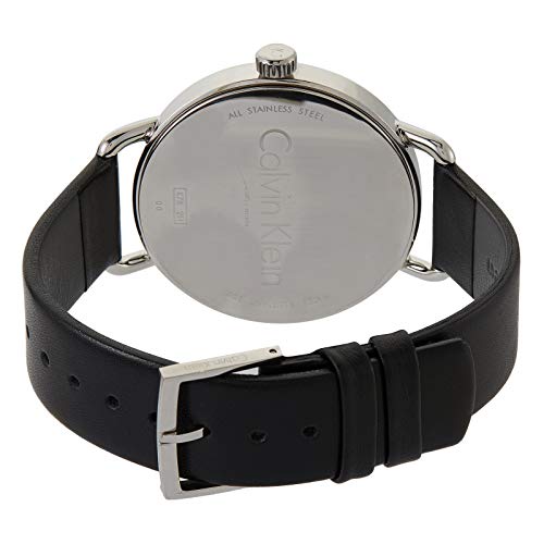 Calvin Klein Even watch caseback showing stainless steel case and black leather strap with buckle