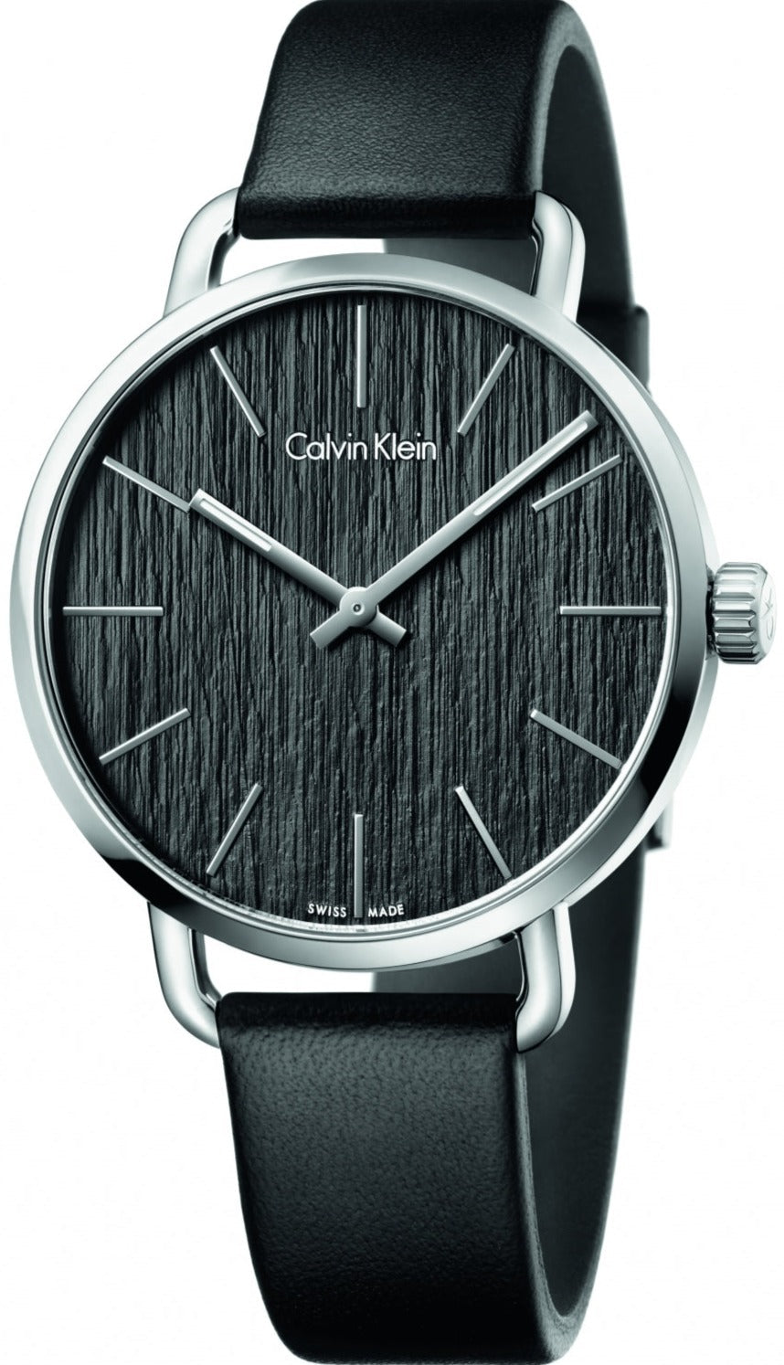 Calvin Klein Even women's watch with black textured dial, silver-tone case, and black leather strap