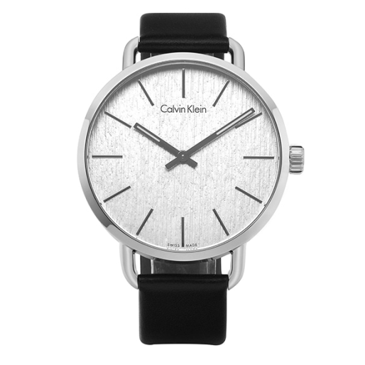 Front view of Calvin Klein Even ladies watch with silver textured dial and stainless steel case