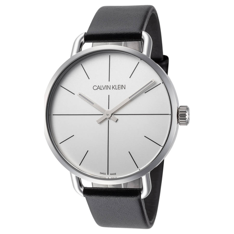 Calvin Klein Even watch at angle, showing silver case and black leather band