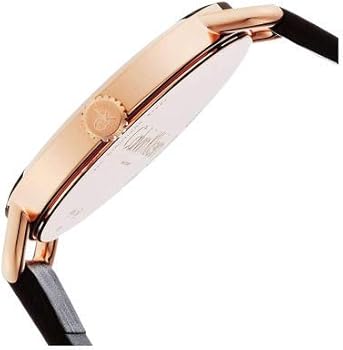 Calvin Klein Even watch side profile showing rose gold case and brown leather band