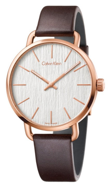 Calvin Klein Even men's watch with rose gold case, silver dial, and brown leather strap