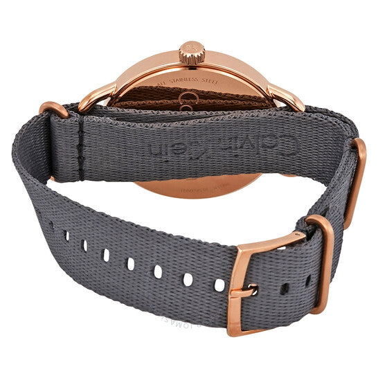 Calvin Klein Even watch caseback and strap detail with rose gold hardware