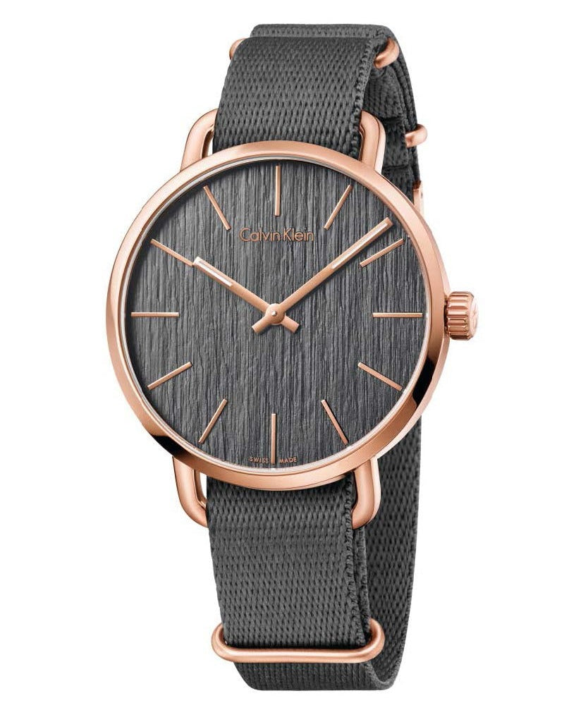 Calvin Klein Even men's watch with grey dial, rose gold case, and dark grey fabric strap