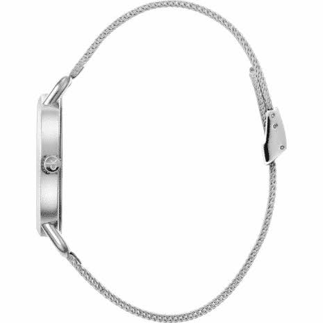 Calvin Klein Even ladies watch side view with stainless steel mesh bracelet and clasp detail