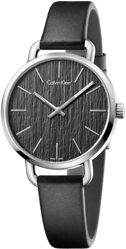 Calvin Klein Even black dial watch with black leather strap on white background
