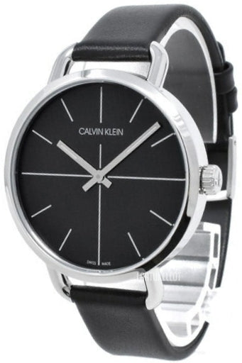 Calvin Klein Even watch side view showing silver-tone case and black leather strap