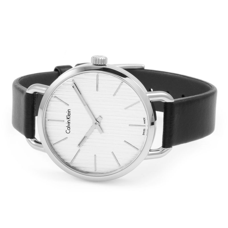 Calvin Klein Even quartz watch front view with silver dial and steel case