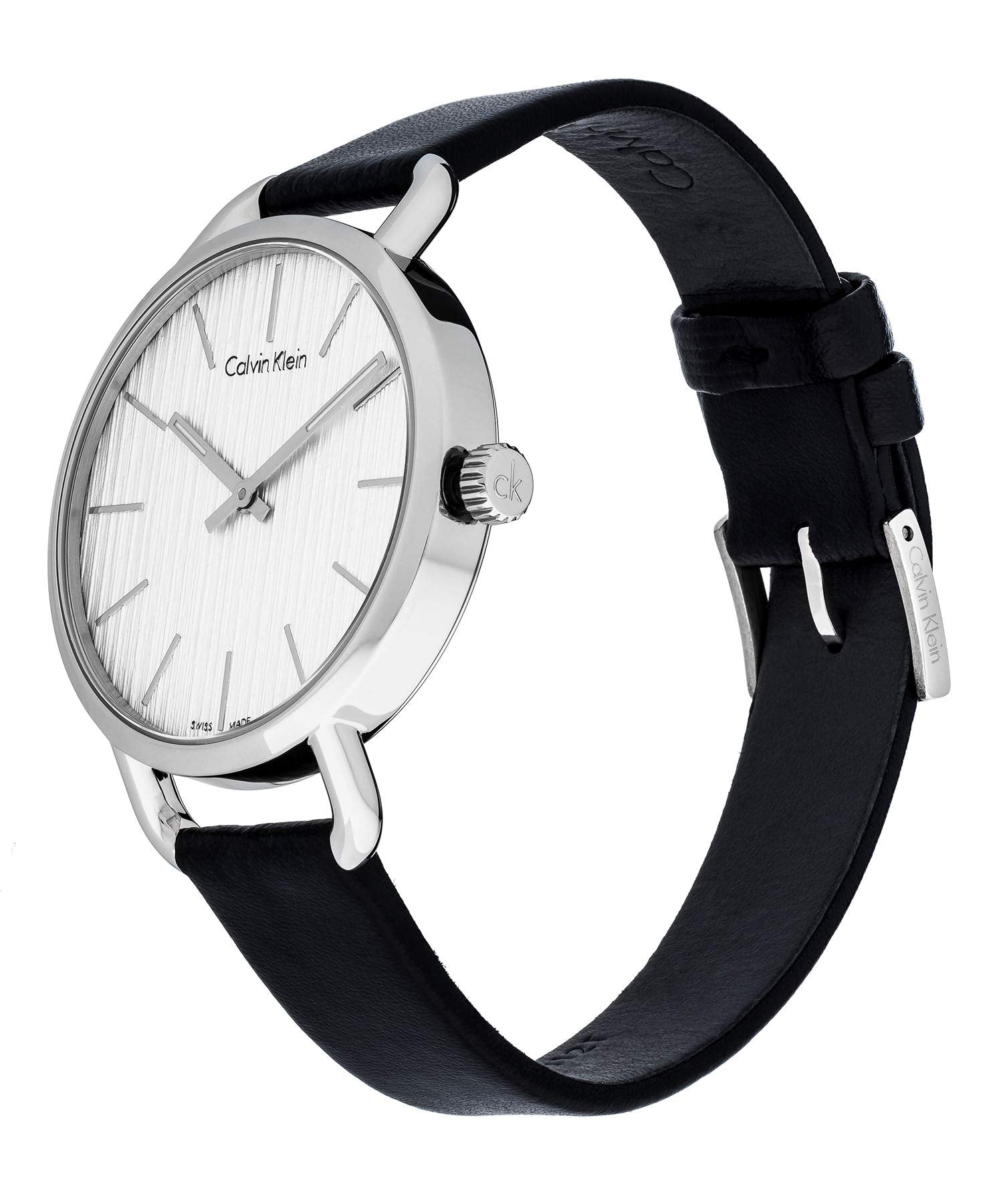 Calvin Klein Even watch worn on wrist showing silver case and black leather strap