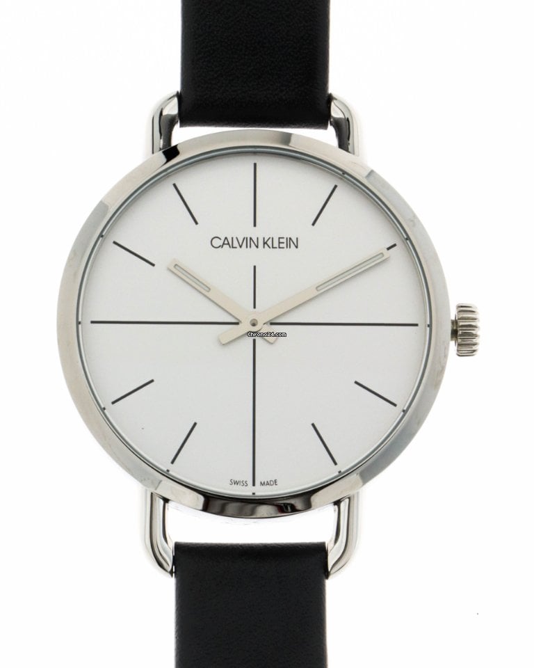 Close-up dial view of Calvin Klein Even watch showing minimalist indexes and silver hands