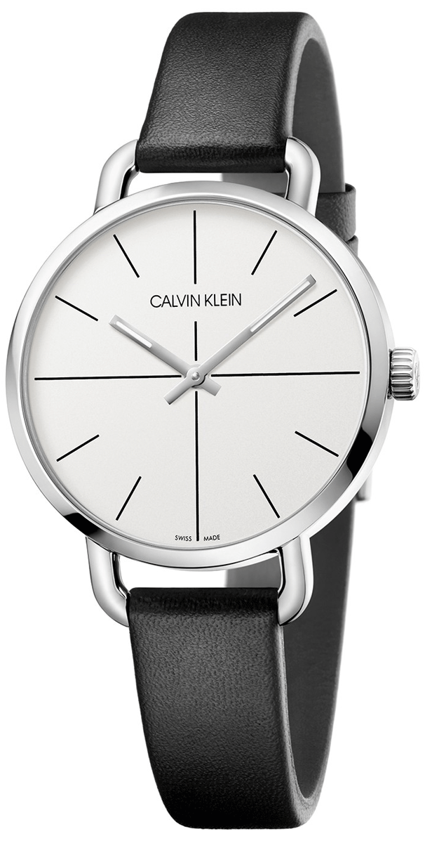 Calvin Klein Even ladies watch with silver dial and black leather strap, 3/4 front view
