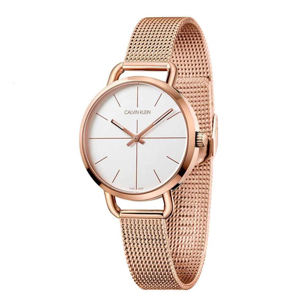 Calvin Klein Even women's watch angled view showing rose gold case and mesh band