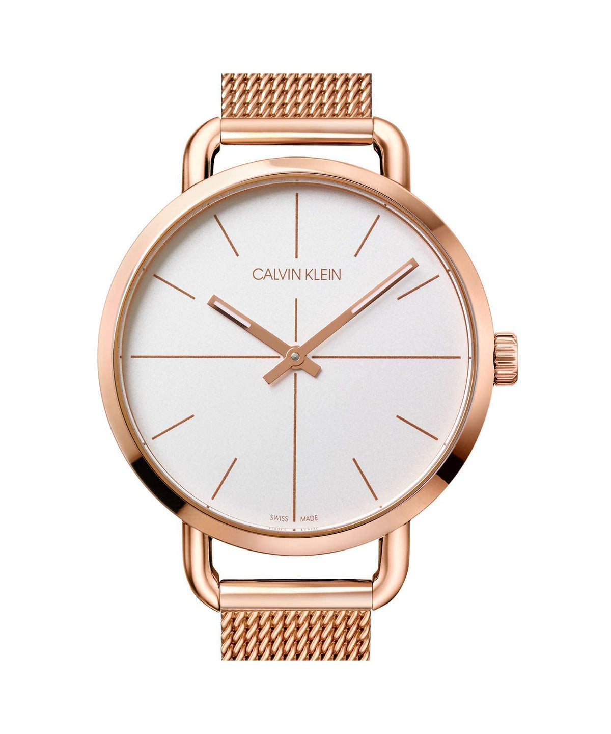 Calvin Klein Even women's watch front view with minimalist white dial and rose gold case
