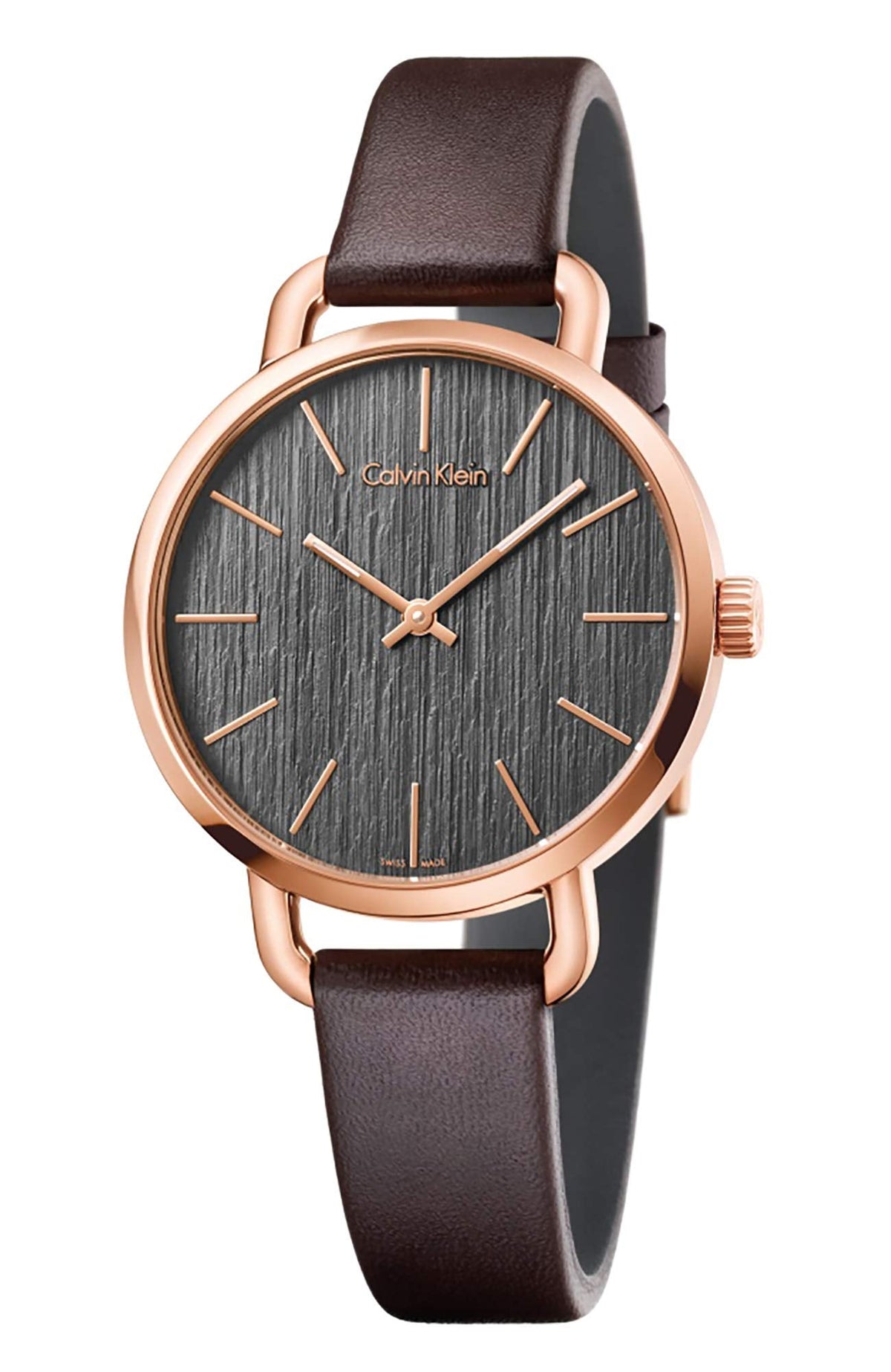 Calvin Klein Even watch with grey textured dial, rose gold case, and brown leather strap