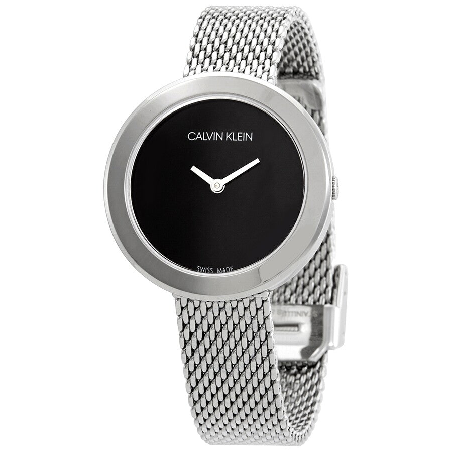 Calvin Klein Firm women's watch angled view with black dial and mesh band