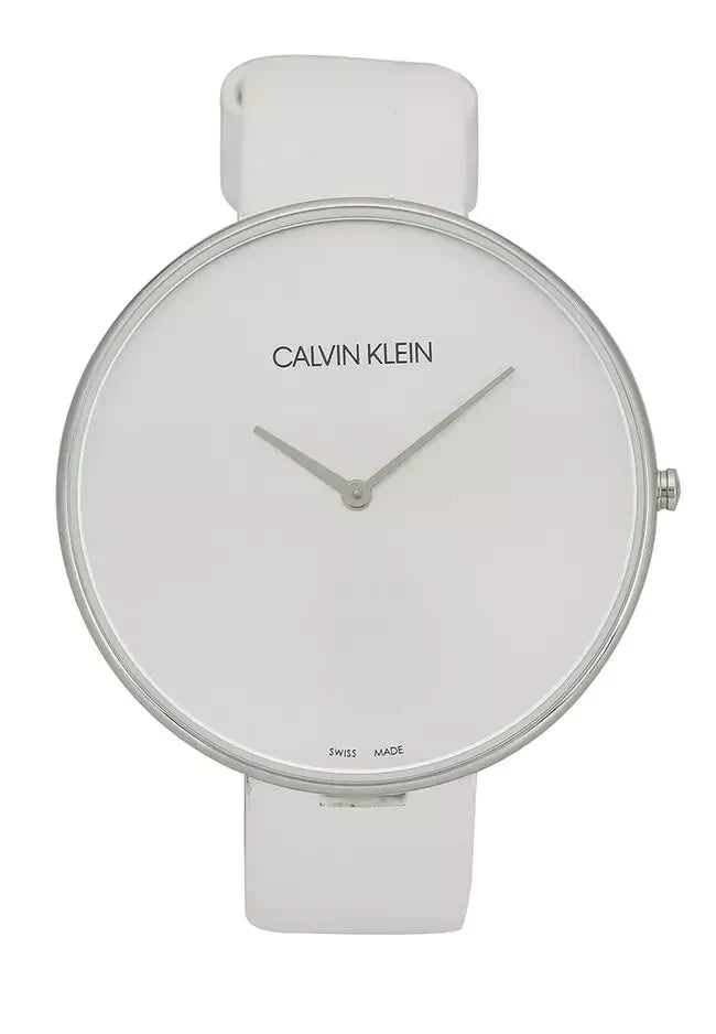 Calvin Klein Full Moon watch face, clean silver dial design with Calvin Klein text
