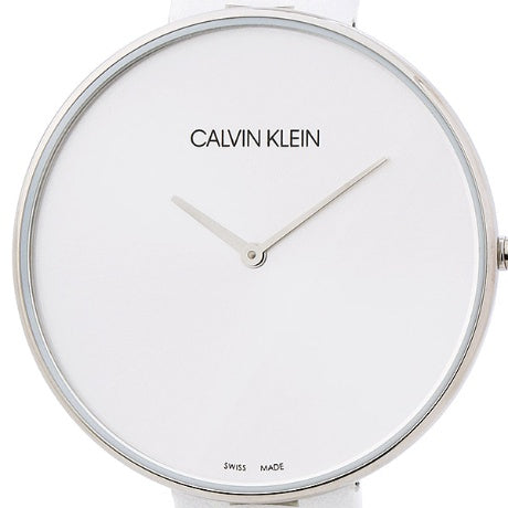 Calvin Klein Full Moon watch, silver dial with Swiss Made marking and white leather strap