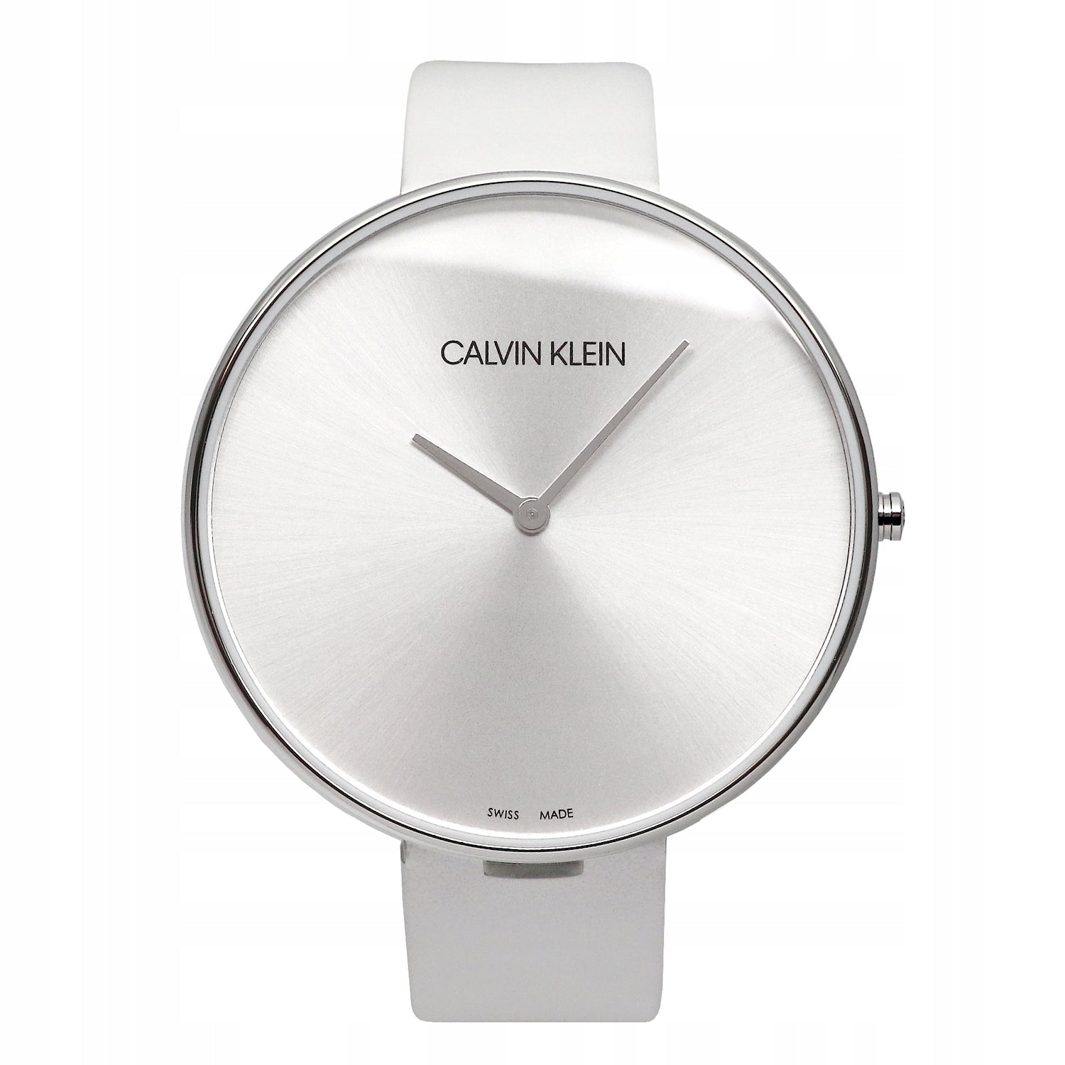 Calvin Klein Full Moon watch front view, minimalist silver dial with hour and minute hands
