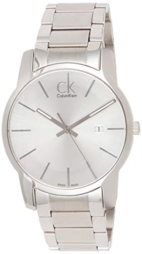 Calvin Klein Gent City watch three-quarter view showing stainless steel bracelet