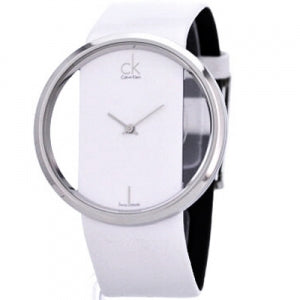 Calvin Klein Glam K9423101 watch side angle with white and black leather strap