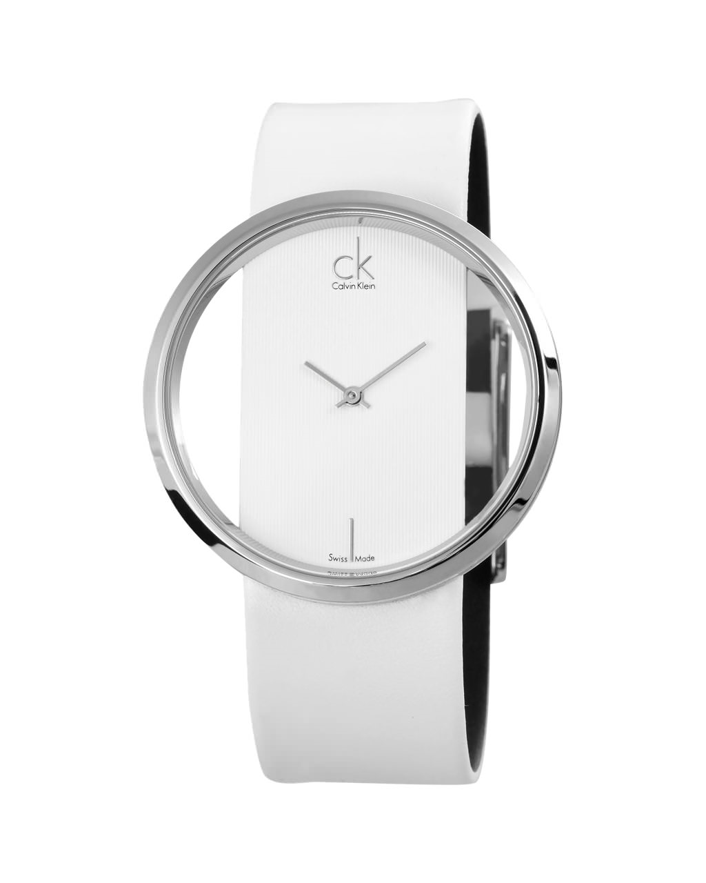 Calvin Klein Glam K9423101 watch side view with white and black two-tone leather strap