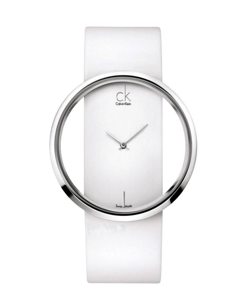 Calvin Klein Glam K9423101 watch front view with transparent dial and white leather strap