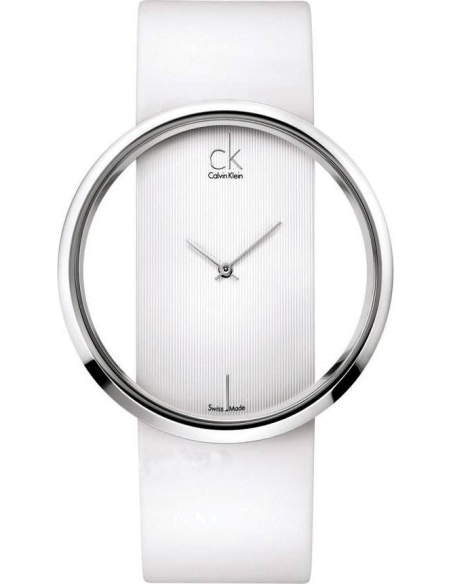 Calvin Klein Glam K9423101 watch transparent dial with white leather strap detail