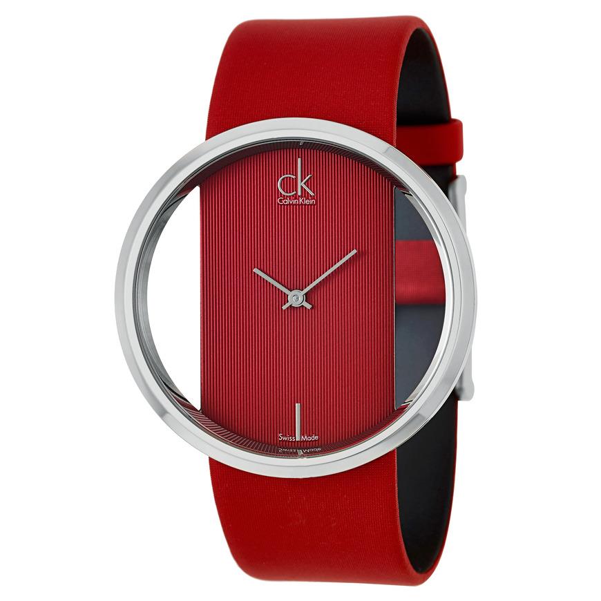Calvin Klein Glam K9423144 angle view showing red leather strap and transparent dial