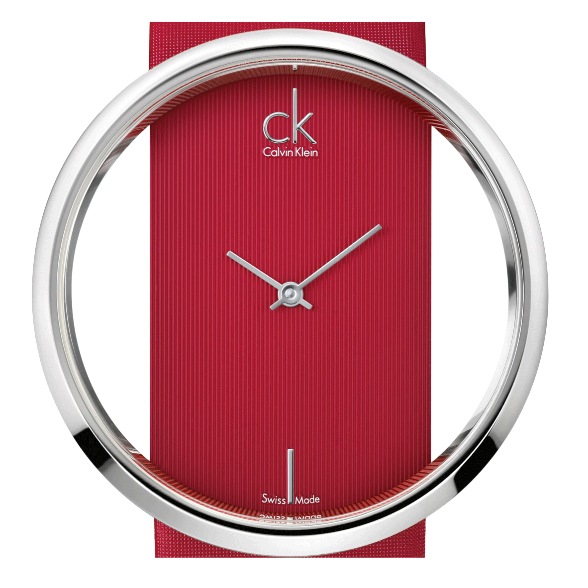 Calvin Klein Glam K9423144 watch dial view with red strap and silver case