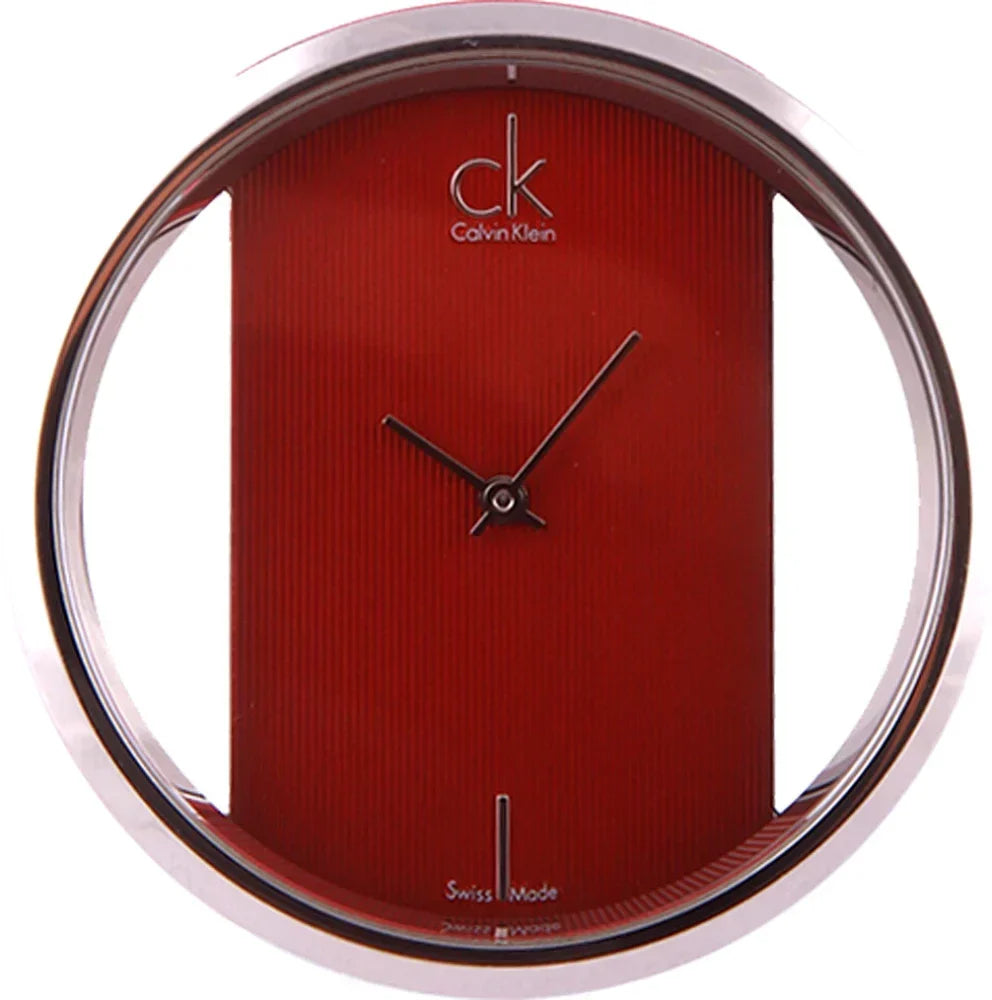 Calvin Klein Glam K9423144 dial detail with red background and silver hands