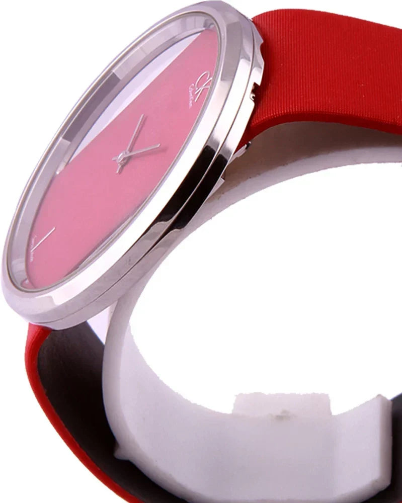 Calvin Klein Glam K9423144 watch on wrist with red and white leather strap