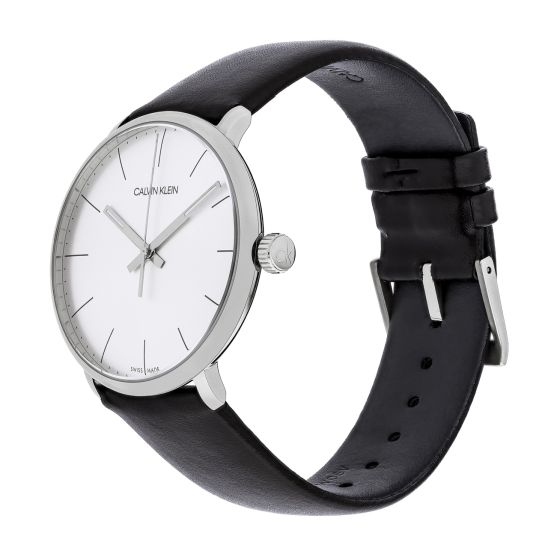 Calvin Klein High Noon watch side view displaying silver case, black leather strap, and buckle