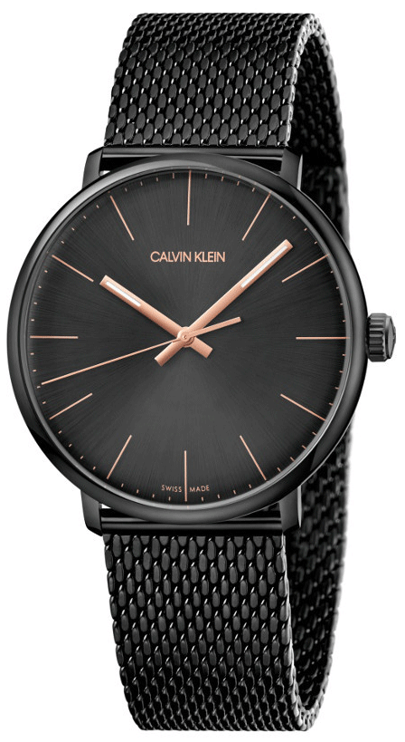 Calvin Klein High Noon quartz watch with black dial and rose gold accents on black mesh bracelet