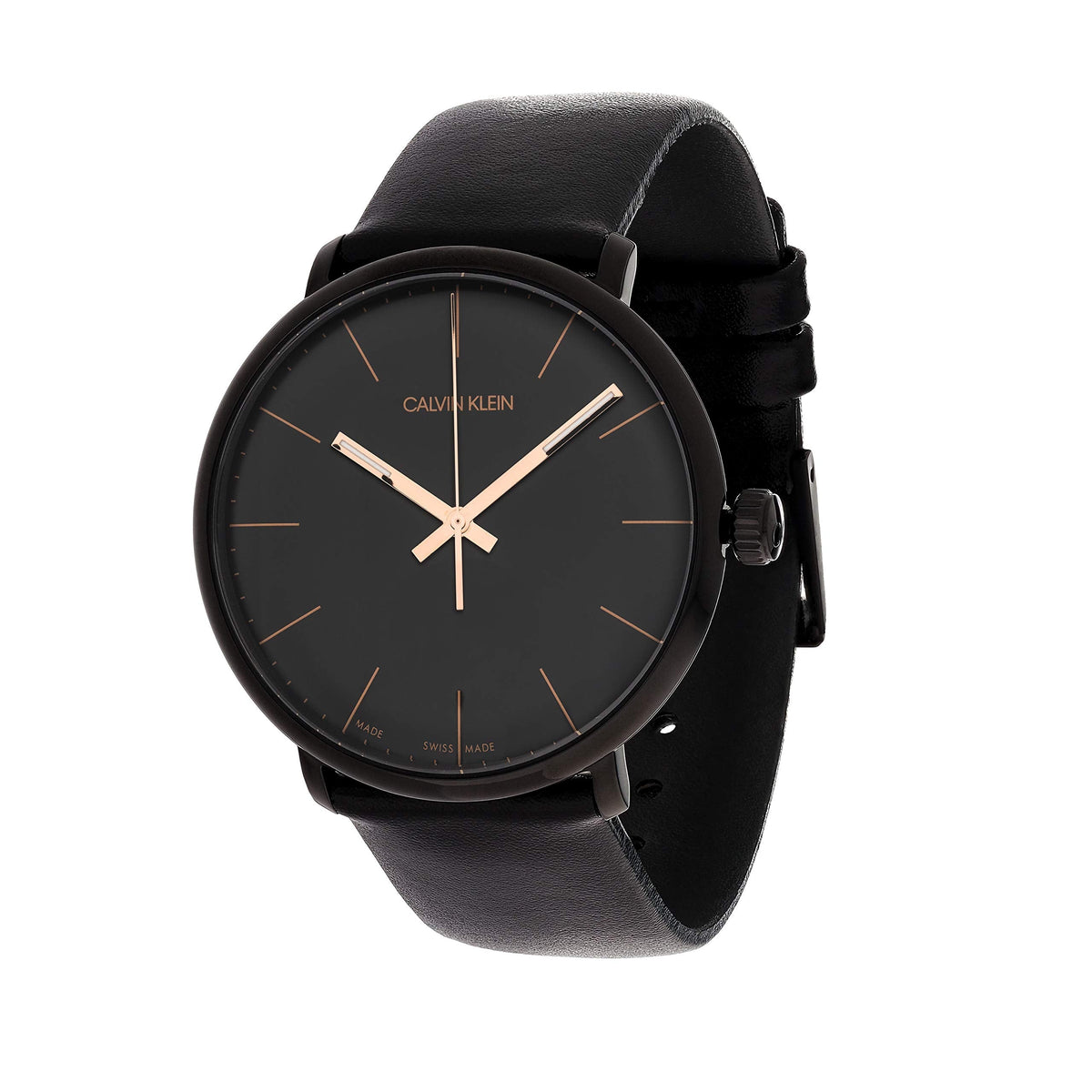 Calvin Klein High Noon watch side view showing black case and leather strap with crown detail
