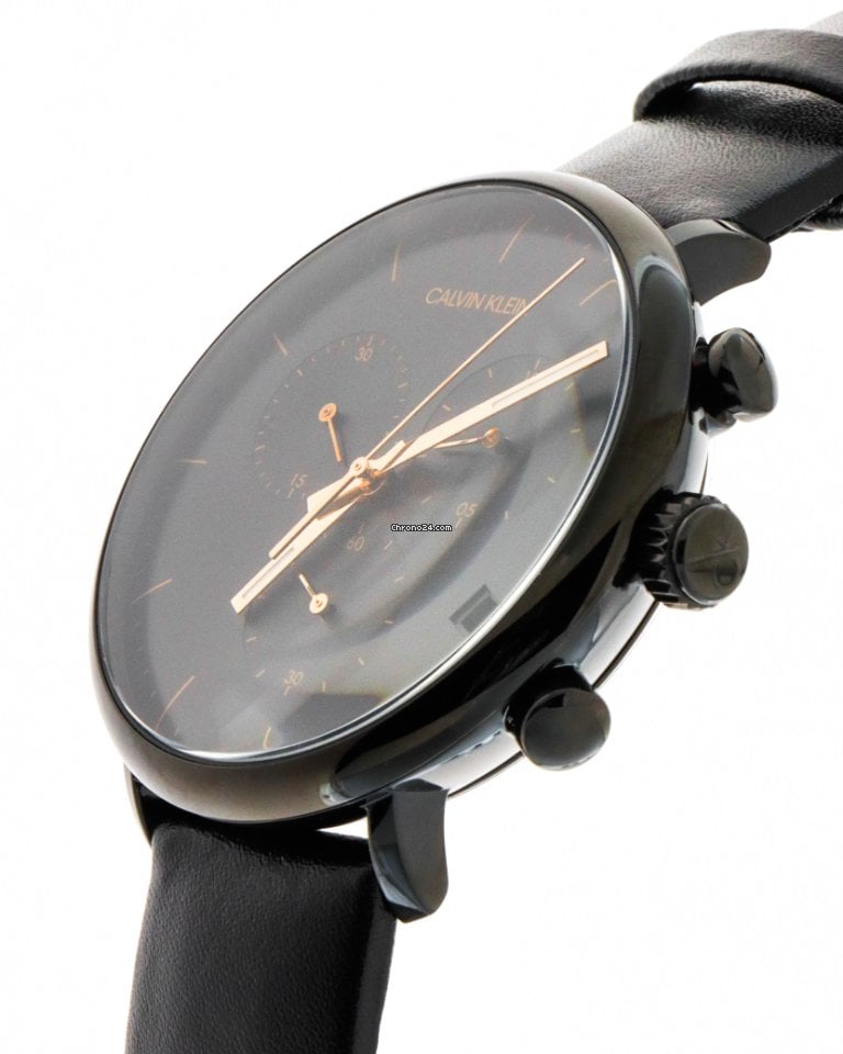 Calvin Klein Highno chronograph on wrist with black leather strap and black case