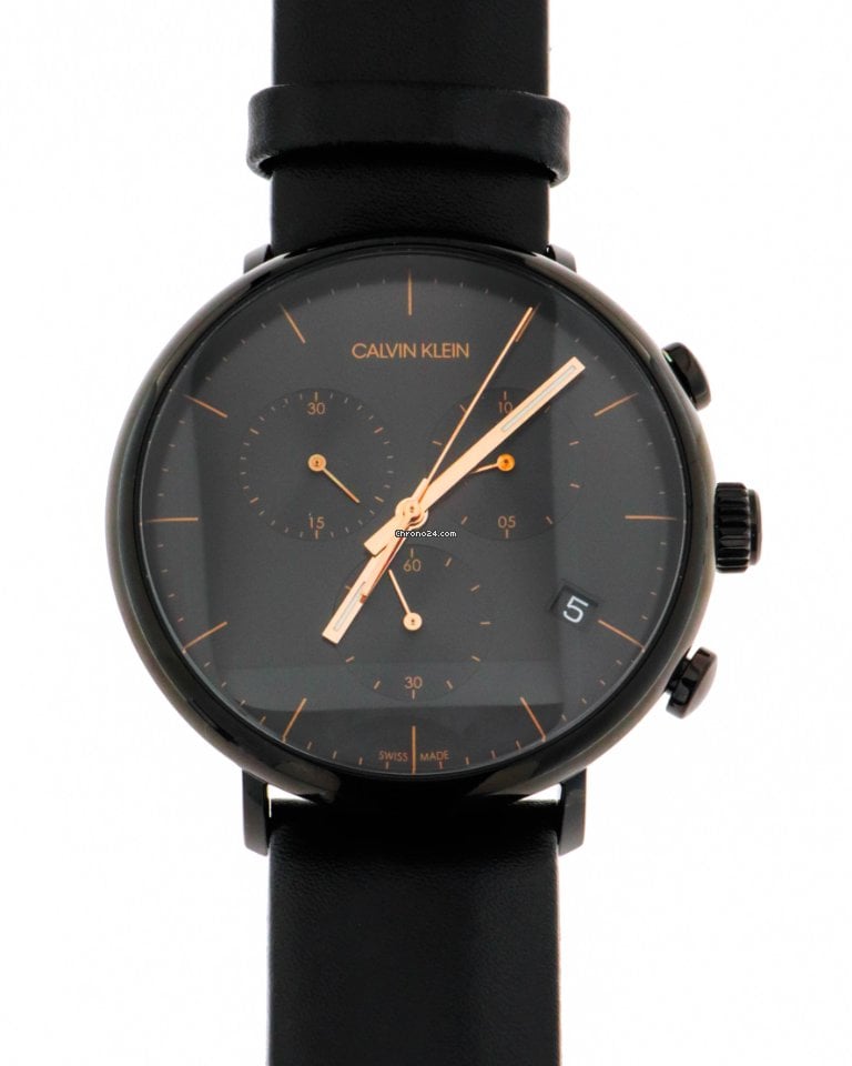 Calvin Klein Highno chronograph watch face with black dial and rose gold accents