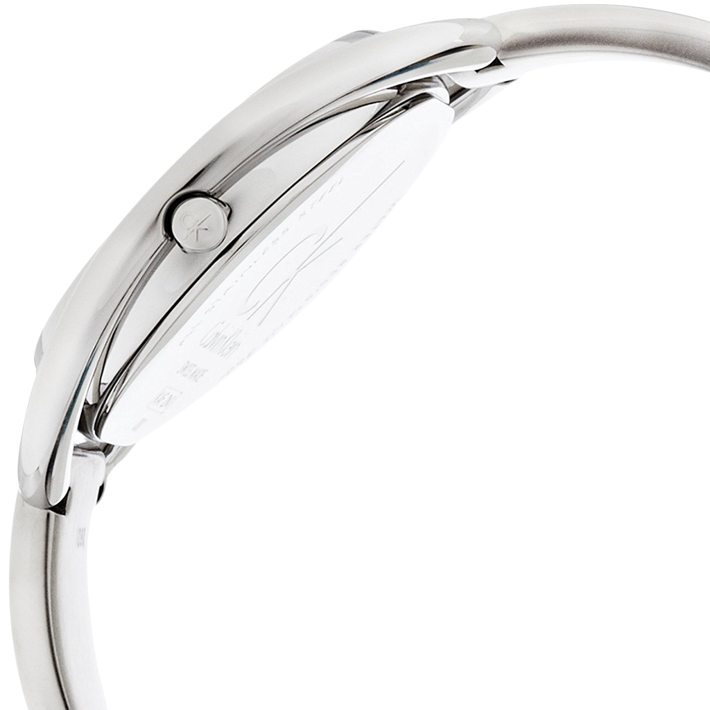 Calvin Klein Impetuous women's watch side profile with silver stainless steel strap
