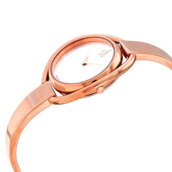 Calvin Klein Impetuous ladies watch side view showing rose gold bangle bracelet profile