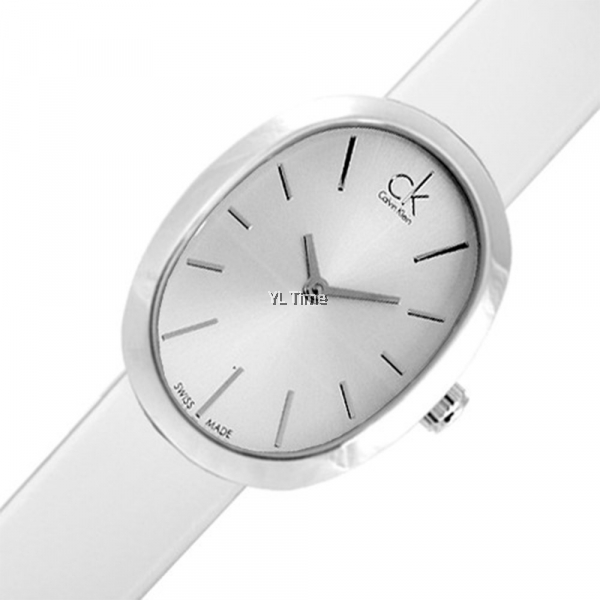 Calvin Klein Incentive watch on wrist, white dial and white leather strap