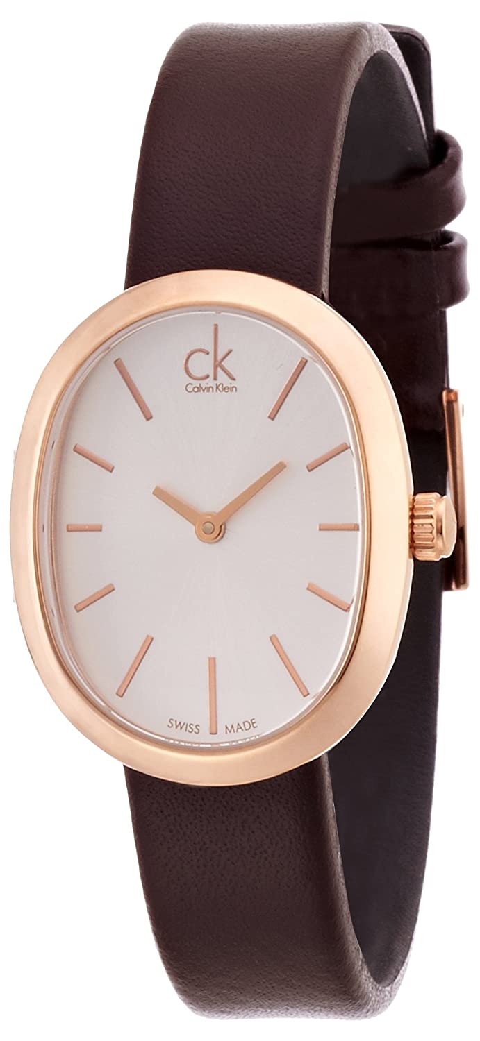 Calvin Klein Incentive K3P236G6 watch on wrist with brown leather strap and rose gold case detail
