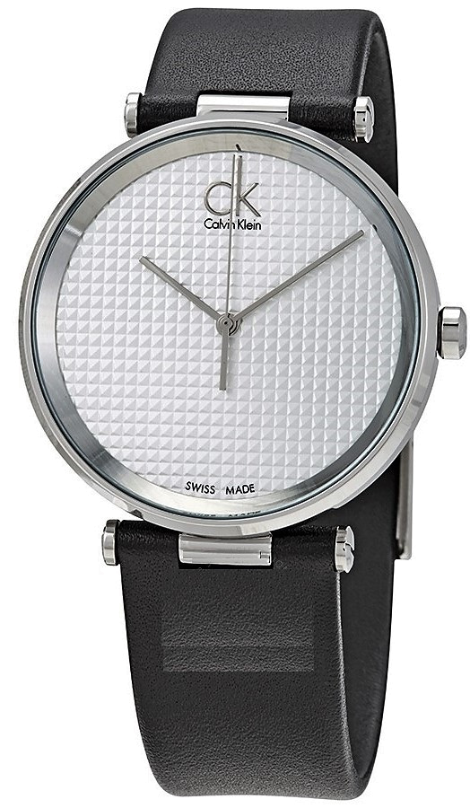 Calvin Klein Sight men's watch at angle showing silver dial and black leather strap