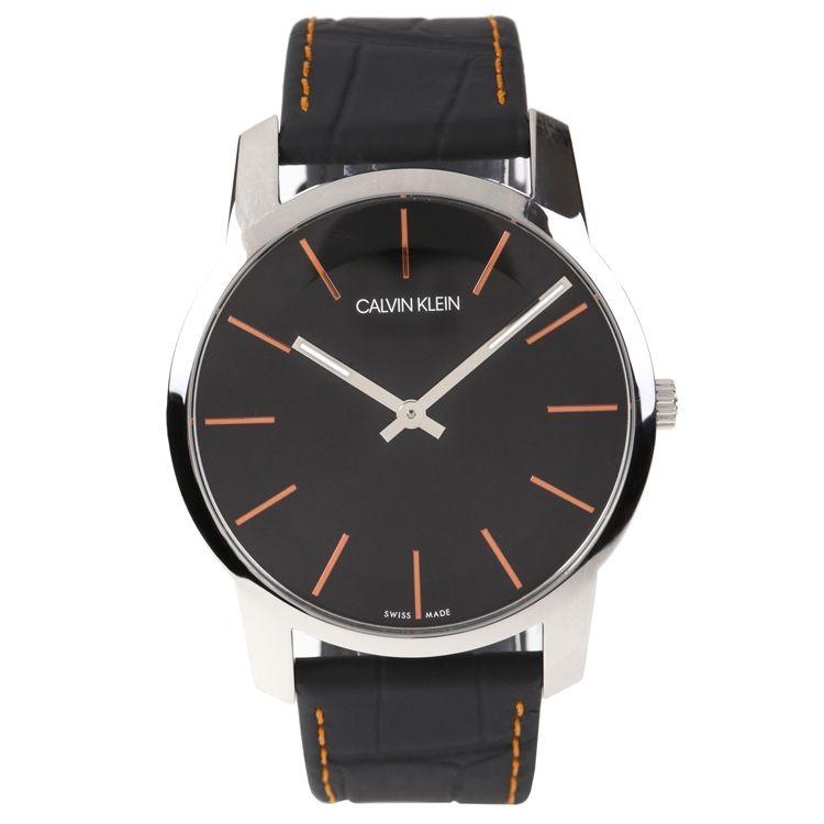 Calvin Klein K2G211C1 three-quarter view showing black leather strap with orange stitching and black dial