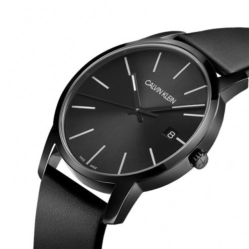 Calvin Klein black dial watch at angle showing case and leather strap