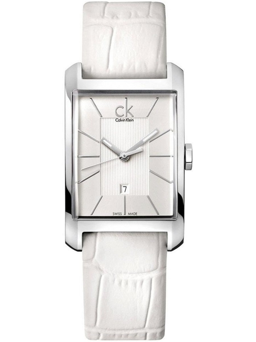 Calvin Klein Window men's watch with silver rectangular dial and white leather strap