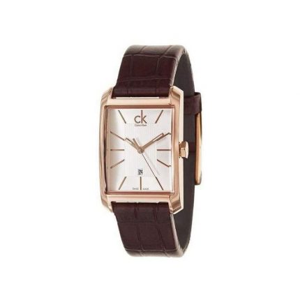 Front view of Calvin Klein Window watch with silver dial and rose gold rectangular case
