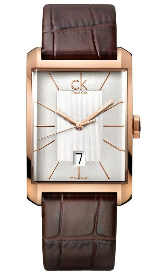 Calvin Klein Window watch with silver dial, rose gold case, and brown leather strap