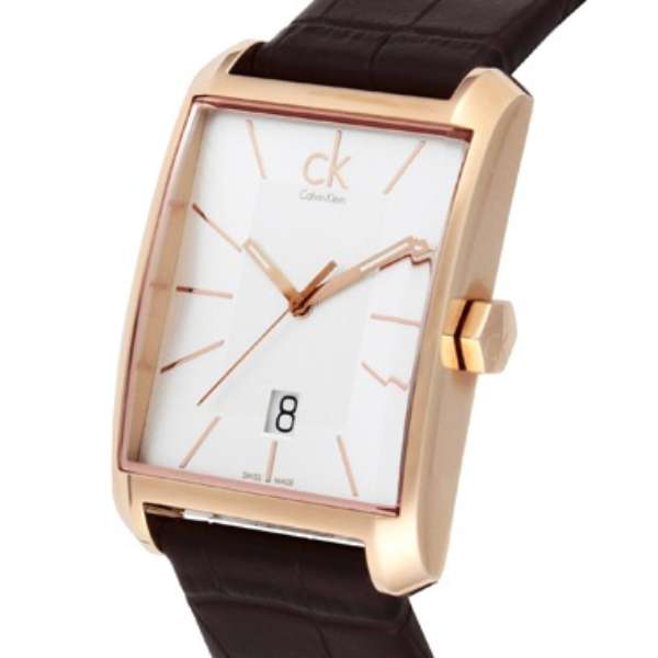 Side view of Calvin Klein Window watch showing depth of case and brown leather strap