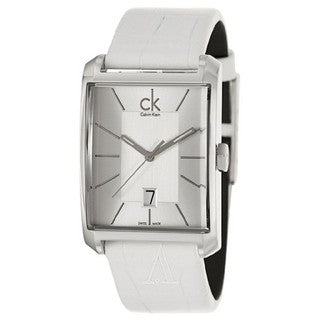 Calvin Klein Window watch at angle showing rectangular case with white dial and white leather strap